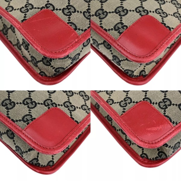 GUCCI Logo GG Pattern Shoulder Bag Canvas Leather Red Black Gold Italy 68HB984 - Picture 7 of 16